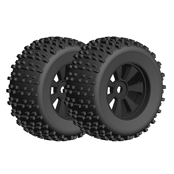 image CORALLY OFFROAD 1/8 MONSTER TRUCK TYRES GRIPPER GLUED ON BLACK RIMS 1 PAIR (Dementor/Kronos) - Image 1