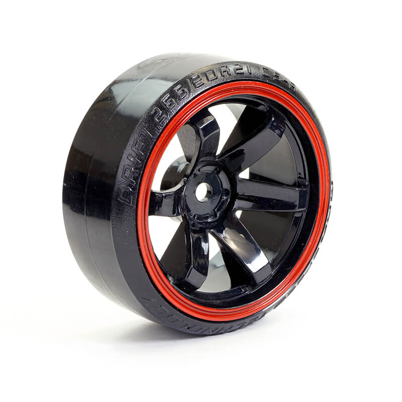 image FASTRAX 1/10 STREET/DRIFT TYRE 6-SPOKE WHEEL (6MM OFFSET) - BLACK WITH RED TRIM - Image 1