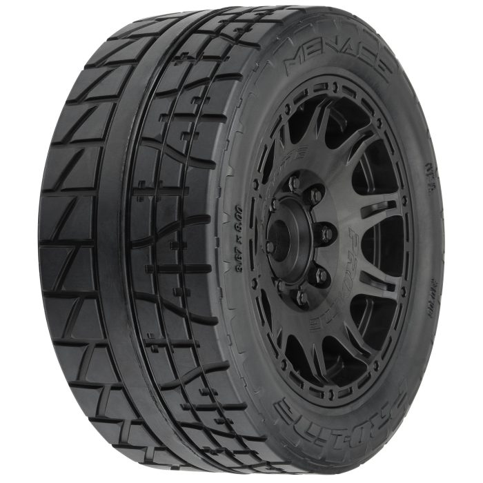 1/6 Menace HP BELTED Fr/Rr 5.7" MT Tires Mounted 24mm Blk Ra - Image 1