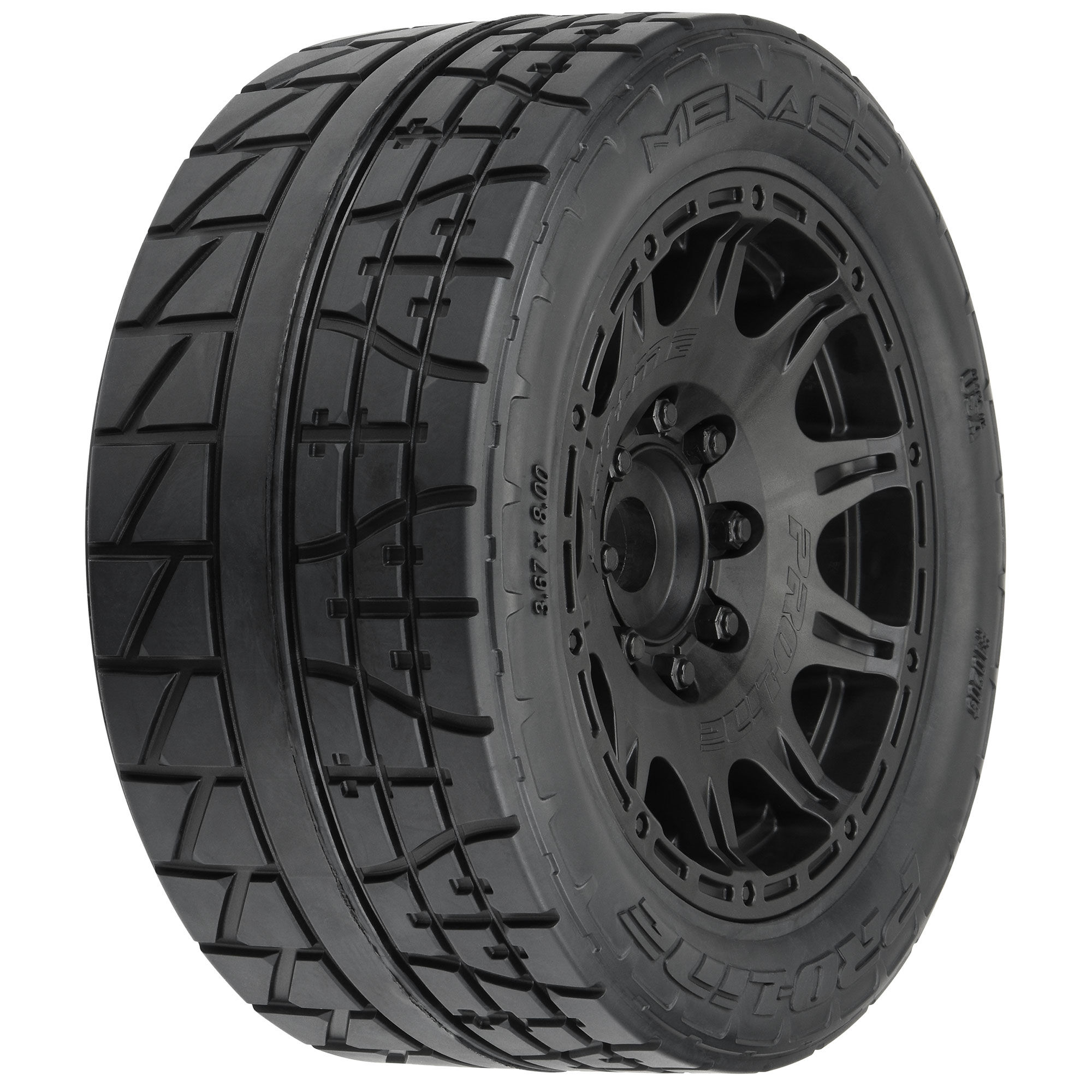 1/6 Menace HP BELTED Fr/Rr 5.7" MT Tires Mounted 24mm Blk Ra 1/6 Menace HP BELTED Fr/Rr 5.7" MT Tires Mounted 24mm Blk Ra - Image 1
