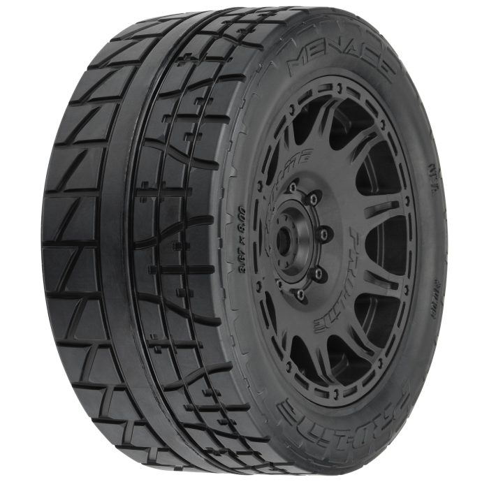 Menace HP 5.7" Street BELTED Tires Mounted on Raid Black 8x4 - Image 1