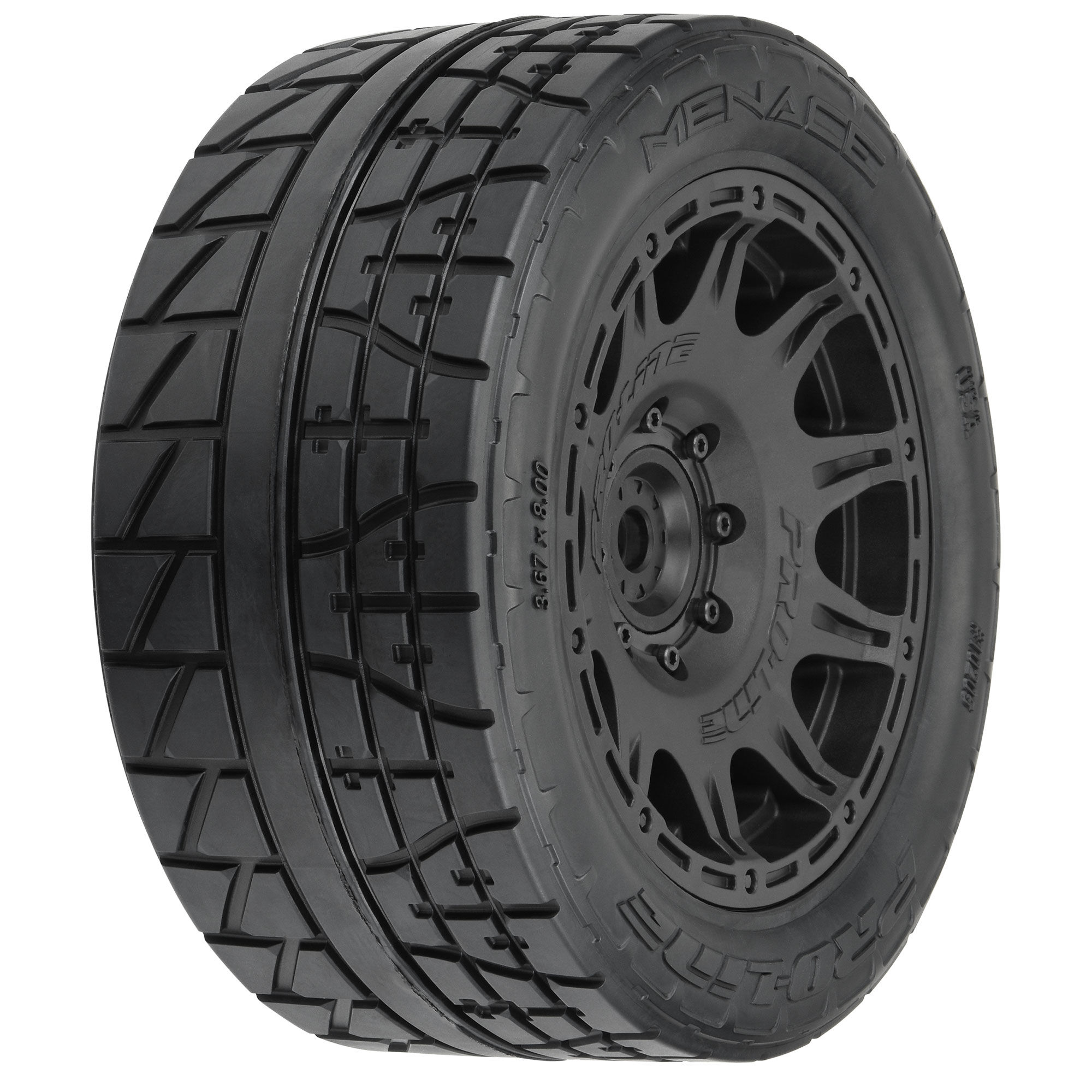 Menace HP 5.7" Street BELTED Tires Mounted on Raid Black 8x4 Menace HP 5.7" Street BELTED Tires Mounted on Raid Black 8x4 - Image 1