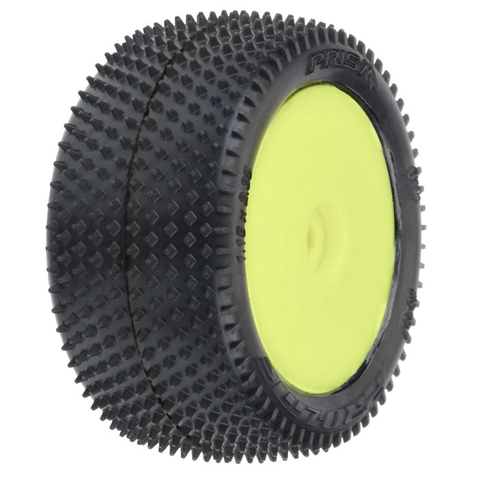 1/18 Prism Rear Carpet Mini-B Tires Mounted 8mm Yellow Wheel - Image 1