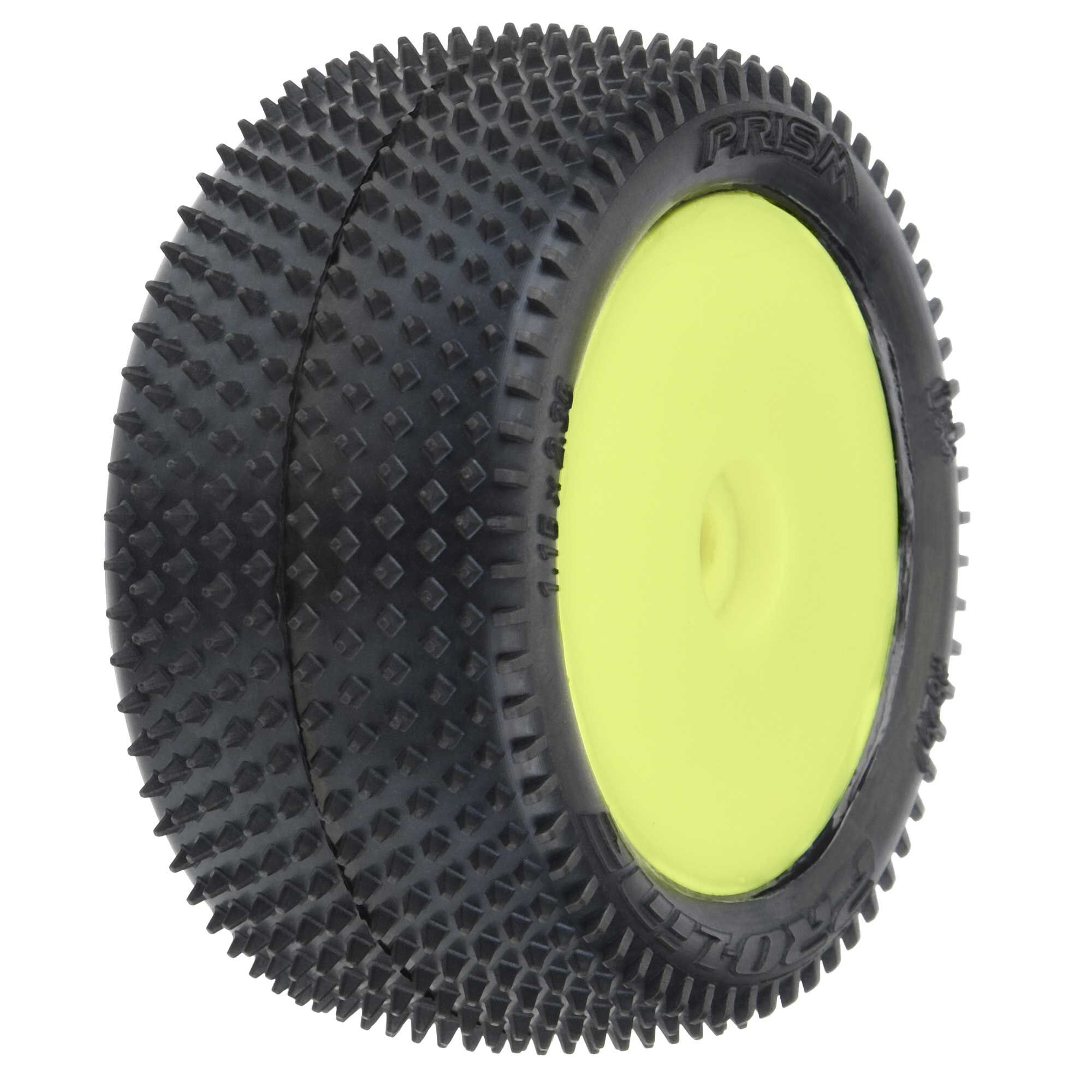 1/18 Prism Rear Carpet Mini-B Tires Mounted 8mm Yellow Wheel 1/18 Prism Rear Carpet Mini-B Tires Mounted 8mm Yellow Wheel - Image 1
