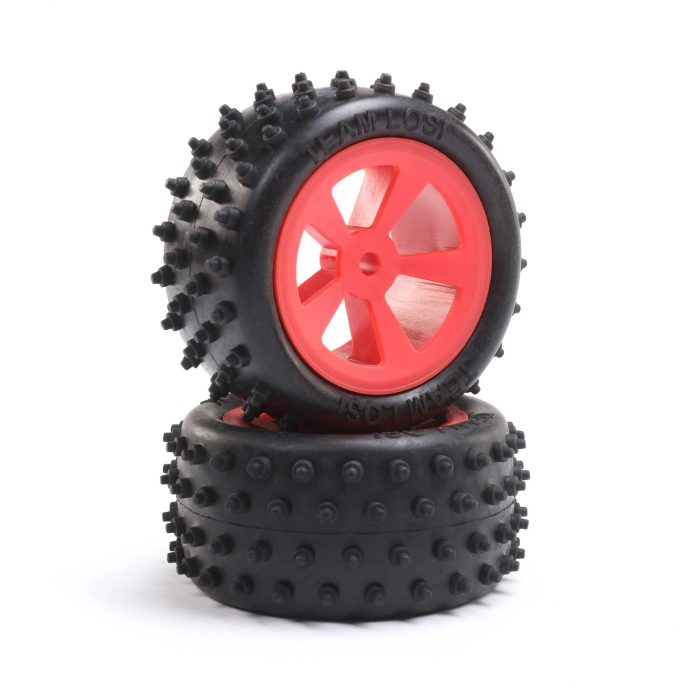 4 Row Rear Tires, Mounted, Red (2): Mini JRX2 - Image 1