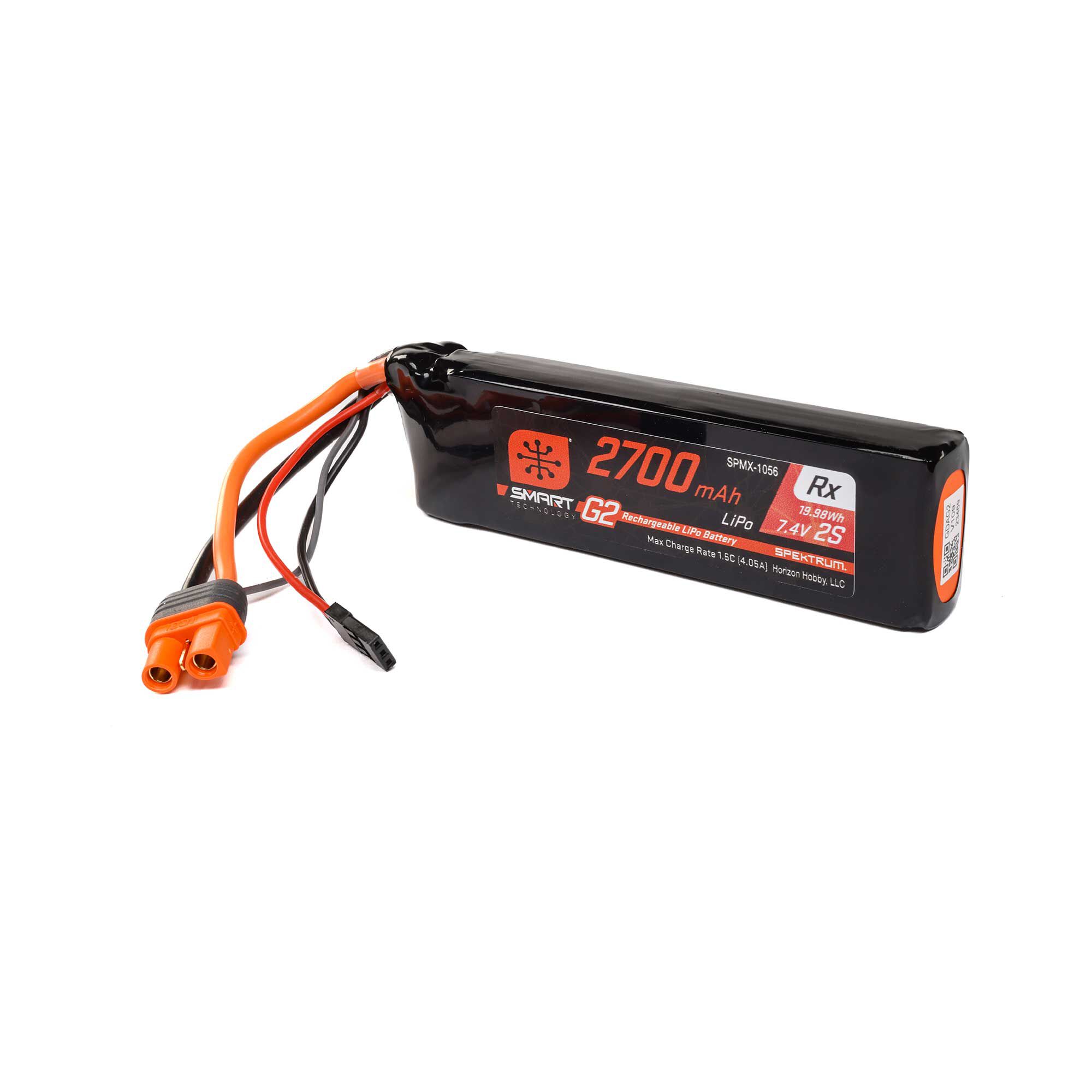 Spektrum 7.4V 2700mAh 2S 15C Smart G2 Receiver LiPo Battery: IC3