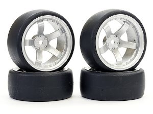 FASTRAX 1/10 (4) DRIFT D1 TYRE w/9MM 5-SPOKE WHEEL- SATIN SIL