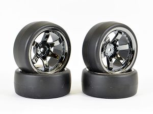 FASTRAX 1/10 (4) DRIFT D1 TYRE w/9MM 6-SPOKE WHEEL- BK CHROME