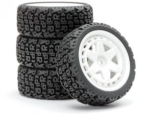 FASTRAX 1/10 'R' BLOCK RALLY TYRES/6-SPOKE WHITE WHEELS (4)