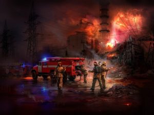 ICM Chernobyl #2 Fire Fighters (AC-40-137A Fire Truck, 4 Figures & Diorama Base with Background)