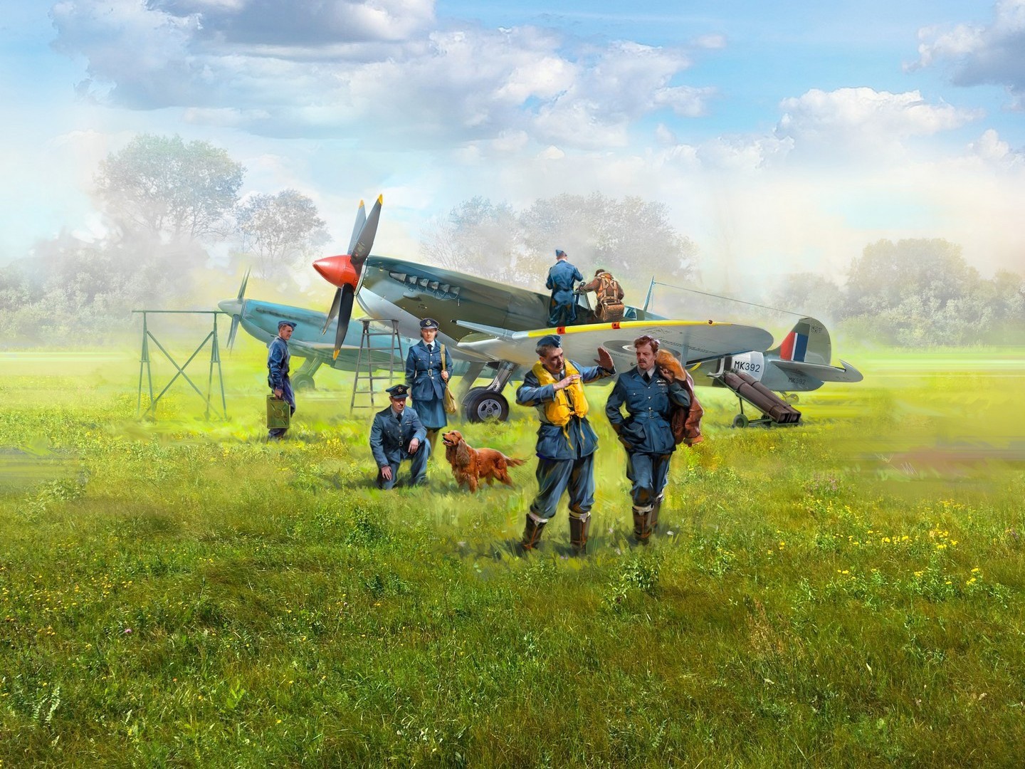 ICM WWII RAF Airfield Set, Spitfire Mk.IX & Spitfire Mk.VII, RAF Pilots & Ground Personnel (7 Figures)