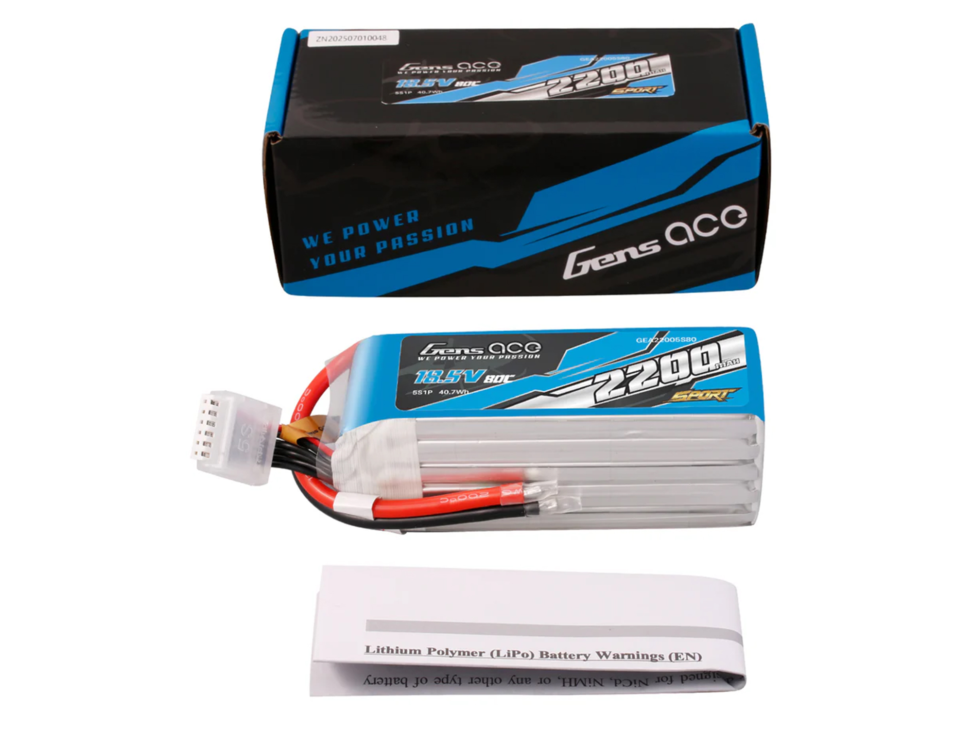 Gens Ace Li-Po Sport 5S 18.5V 2200mAh 80C with No Plug - Image 5