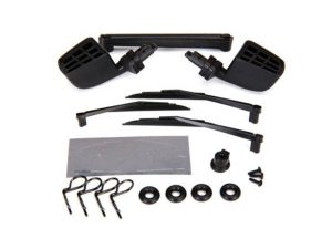 Traxxas Mirrors, side, Black (left & right) / o-rings (4 pcs) / windshield wipers, left, right, & Rear / wiper retainers (2 pcs) / Body clips (4 pcs) / 1.6x5 BCS (self-tapping) (3 pcs)