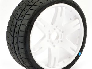 SWEEP 1/8TH GT TREAD GLUED 45DEG TYRES W/BELT / 6IX PAK WHITE WHEELS / BASIC (PR)