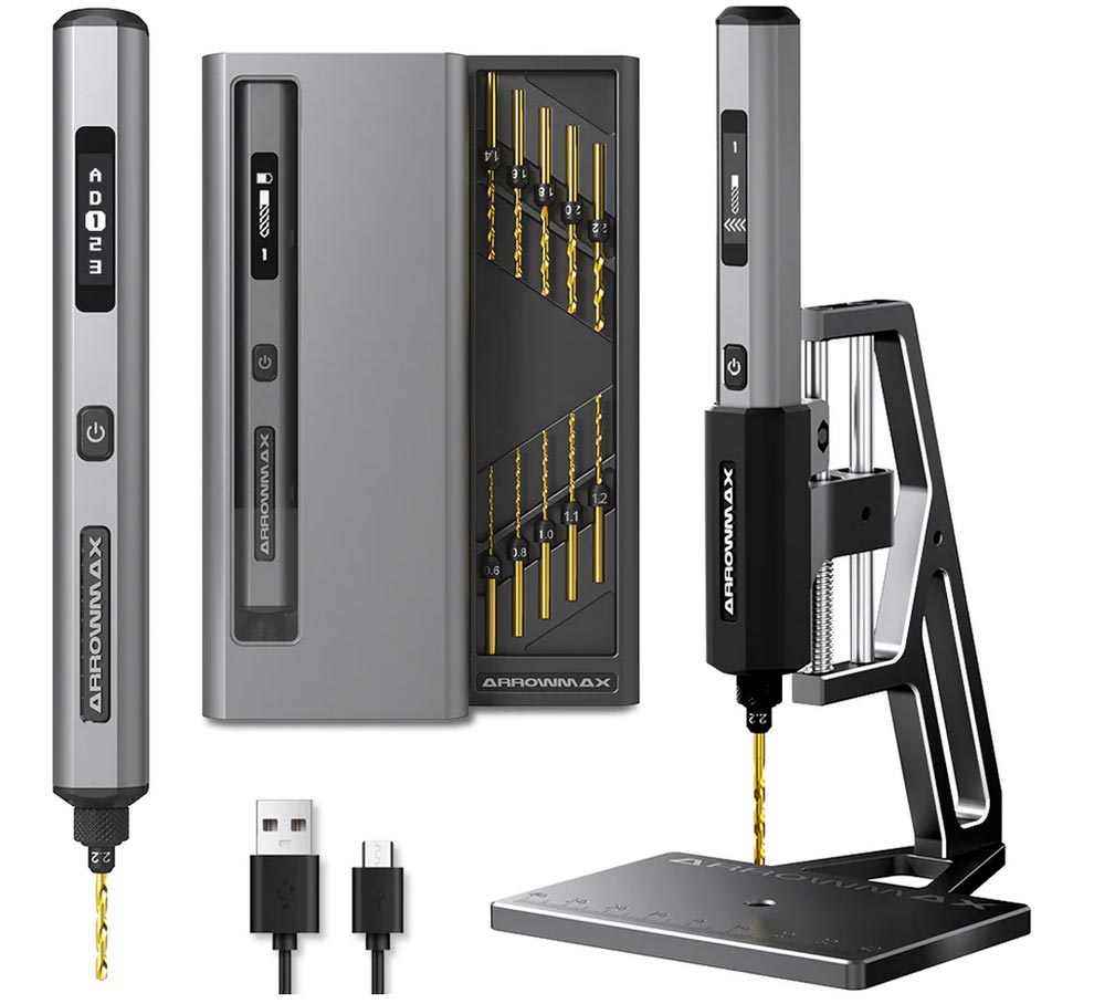 Arrowmax SDS Mini Drill With Alu Case + Benchtop Drill Press (Black)